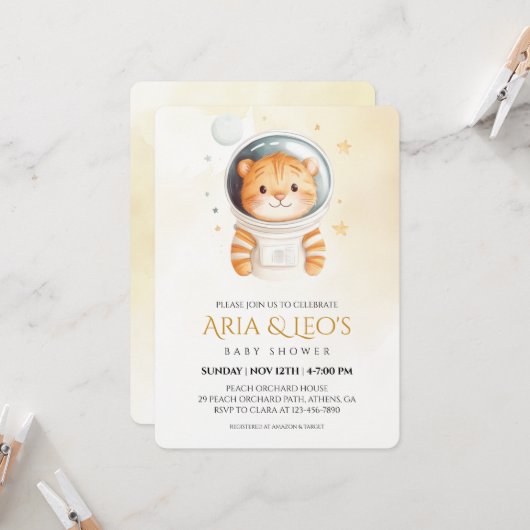 Space Tiger Baby shower Invitation Kaart (Voorkant / Achterkant in situ)