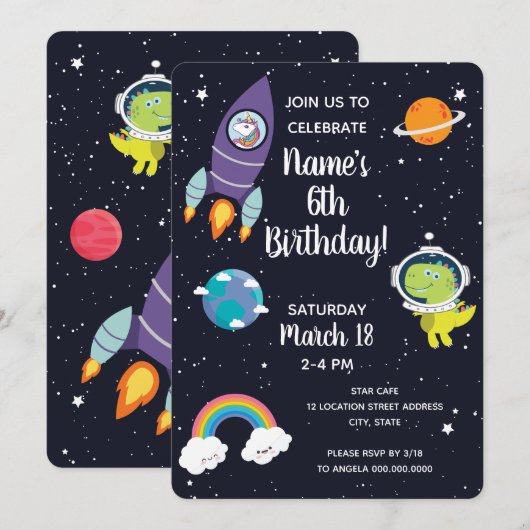 Space Unicorn Dinosaur Galaxy Birthday Party Kaart (Voorkant / Achterkant)