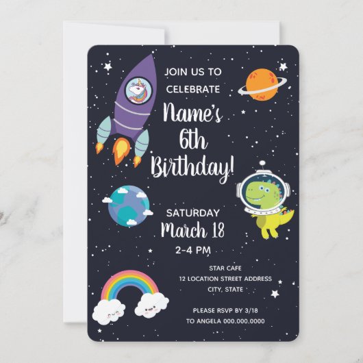 Space Unicorn Dinosaur Galaxy Birthday Party Kaart (Voorkant)