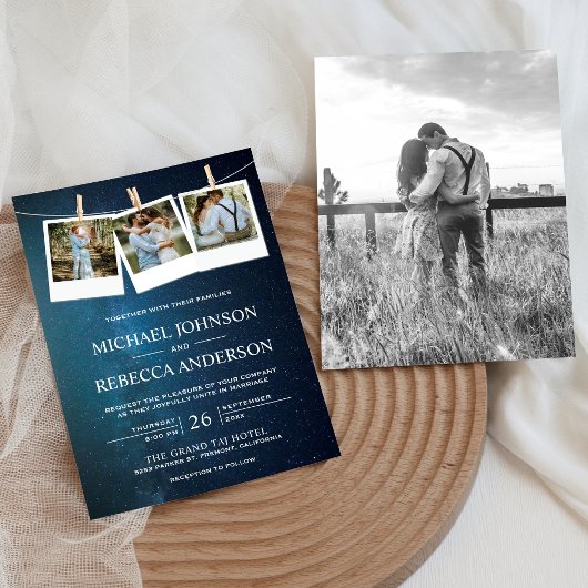 Space Universe Blue Galaxy Photo Collage Wedding Kaart