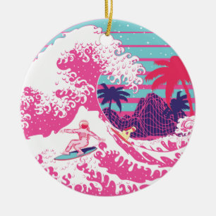 Spaceman die de grote roze golf surft keramisch ornament