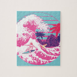 Spaceman die de grote roze golf surft legpuzzel