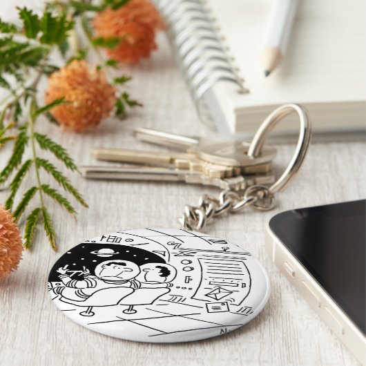 Spacemen in ruimteschip met postbezorging. Grappig Sleutelhanger (Zijkant)