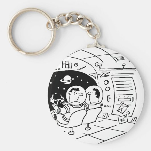 Spacemen in ruimteschip met postbezorging. Grappig Sleutelhanger (Voorkant)