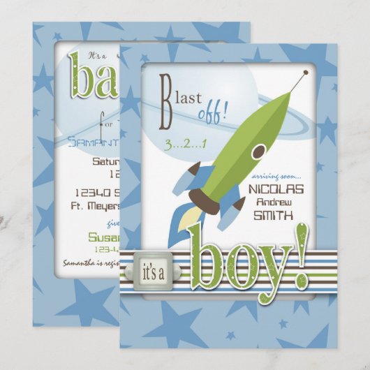 Spaceship Baby shower Invitation Kaart (Voorkant / Achterkant)