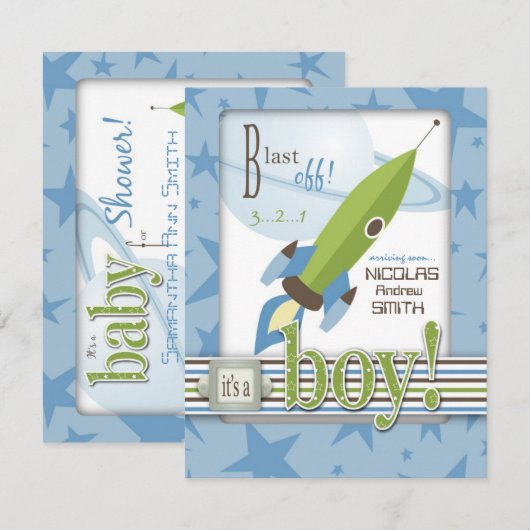 Spaceship Baby shower Invitation Kaart (Voorkant / Achterkant)