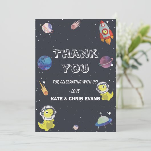 Spaceship Dinosaur Star Planet Galaxy Baby shower Bedankkaart (Staand voorkant)
