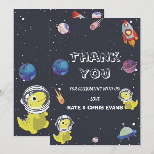 Spaceship Dinosaur Star Planet Galaxy Baby shower Bedankkaart (Voorkant / Achterkant)