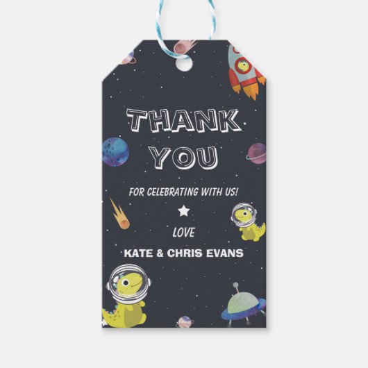 Spaceship Dinosaur Star Planet Galaxy Baby shower Cadeaulabel (Voorkant)