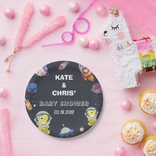 Spaceship Dinosaur Star Planet Galaxy Baby shower Papieren Bordje (Feest)