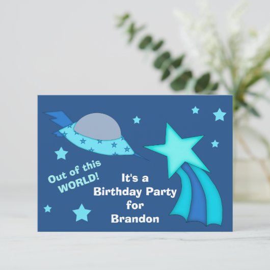 Spaceship Kinderen Birthday Party Kaart (Staand voorkant)