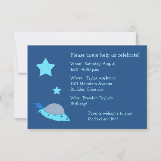 Spaceship Kinderen Birthday Party Kaart (Achterkant)
