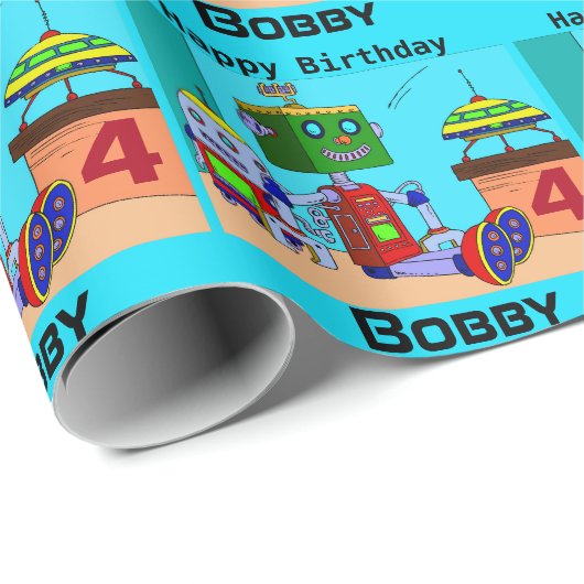 Spaceship Robots Birthday Boy's Personalize Name Cadeaupapier (Rol Hoek)