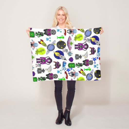 Spaceships Stars Aliens Blanket Fleece Deken (In situ)