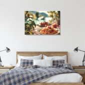 Spaghetti al Pomodoro op Lakeside picknicktafel Canvas Afdruk (Insitu (Slaapkamer))