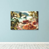 Spaghetti al Pomodoro op Lakeside picknicktafel Canvas Afdruk (Insitu (Houten vloer))