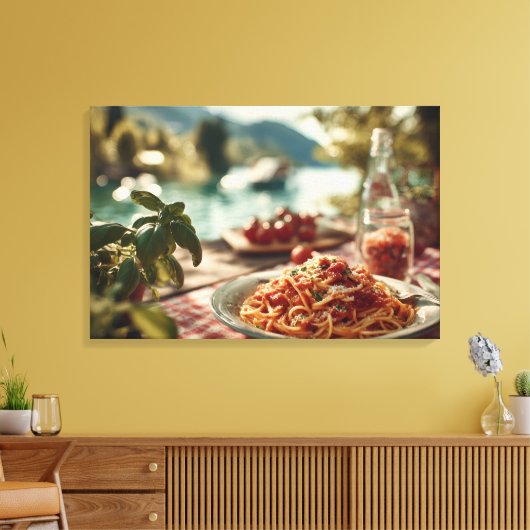 Spaghetti al Pomodoro op Lakeside picknicktafel Canvas Afdruk (Insitu (Woonkamer))