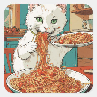"Spaghetti Avondmaal met Sneeuwbal: Een Witte Kat Vierkante Sticker