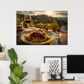 Spaghetti Bolognese op wijngaard terras tafel Poster (Thuiskantoor)