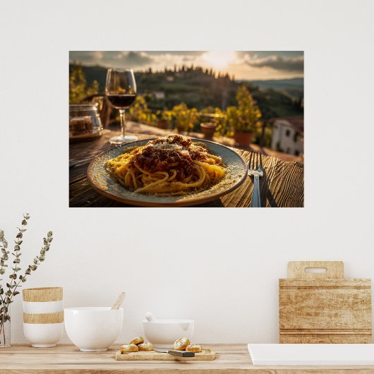 Spaghetti Bolognese op wijngaard terras tafel Poster (Keuken)