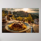 Spaghetti Bolognese op wijngaard terras tafel Poster (Voorkant)