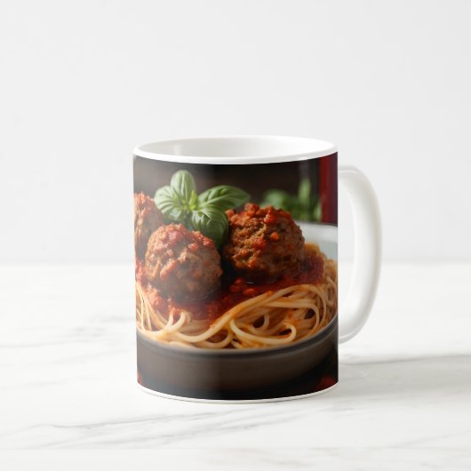 Spaghetti en gehaktballen op bord koffiemok (Voorkant rechts)
