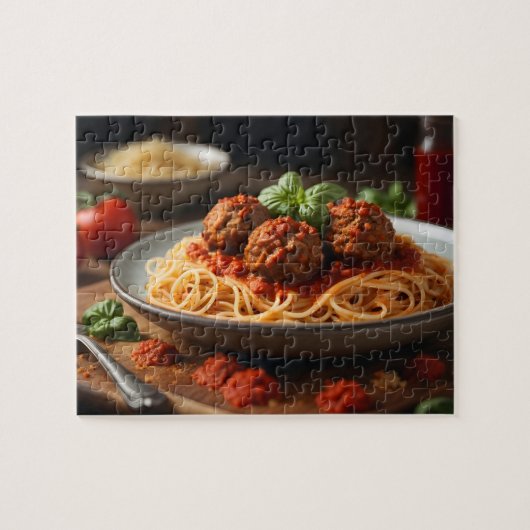 Spaghetti en gehaktballen op bord legpuzzel (Horizontaal)