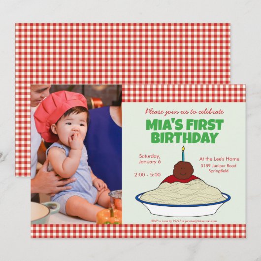 Spaghetti & gehaktballen 1e verjaardag uitnodiging (Voorkant / Achterkant)