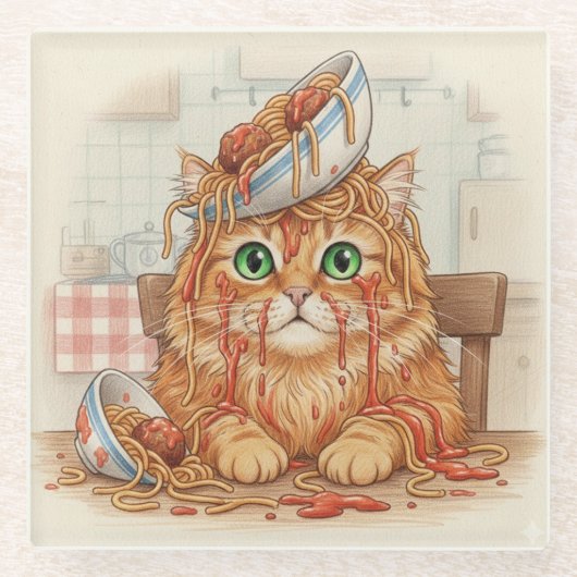 Spaghetti Kitty, Orange, Glass Coaster Glazen Onderzetter (Voorkant)