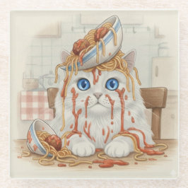 Spaghetti Kitty, White, Glass Coaster Glazen Onderzetter