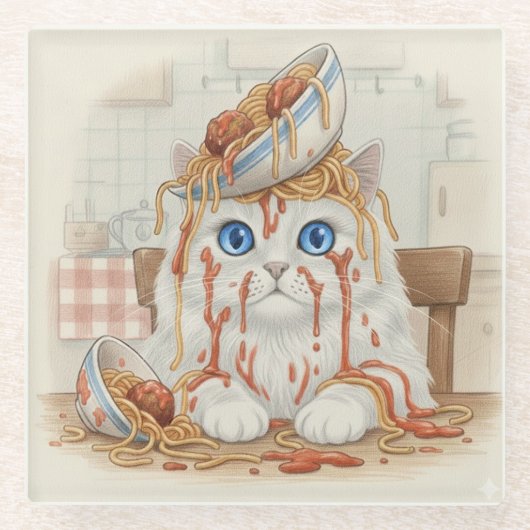 Spaghetti Kitty, White, Glass Coaster Glazen Onderzetter (Voorkant)