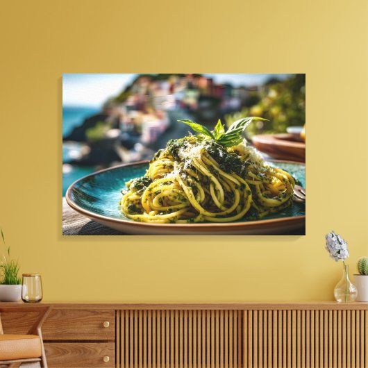 Spaghetti met citroen Basil Pesto – Kustterras Canvas Afdruk (Insitu (Woonkamer))