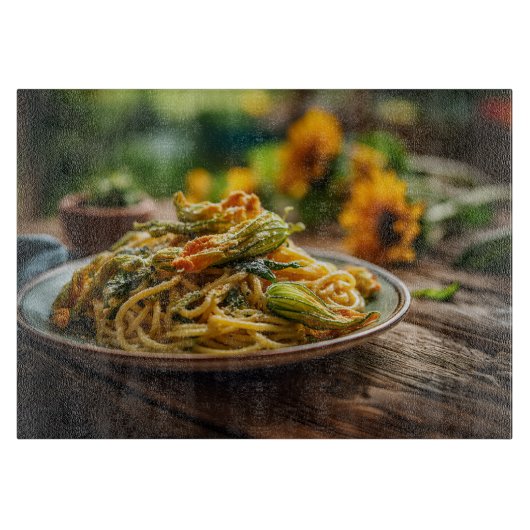 Spaghetti met courgette bloesems snijplank (Voorkant)