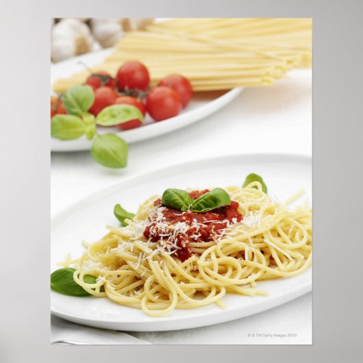Spaghetti met tomatensaus en basilicum poster (Voorkant)