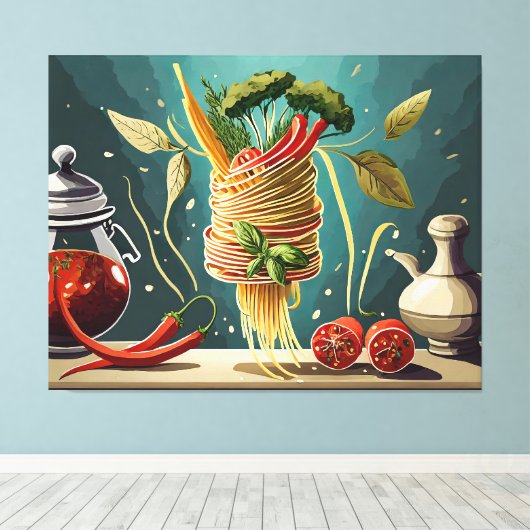 Spaghetti mit Gemüse und Kräutern Wirbel Canvas Afdruk (Insitu (Houten vloer))