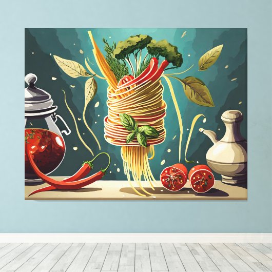 Spaghetti mit Gemüse und Kräutern Wirbel Canvas Afdruk (Insitu (Houten vloer))