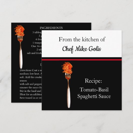 Spaghetti op vork Tomato Sauce Recipe Kaart (Voorkant / Achterkant)