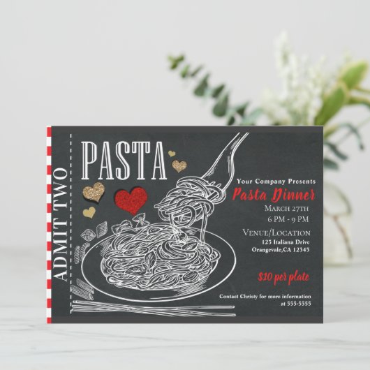Spaghetti Pasta Chalk Rustic Valentijns diner Kaart (Staand voorkant)
