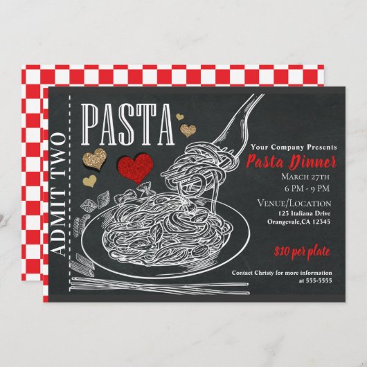 Spaghetti Pasta Chalk Rustic Valentijns diner Kaart (Voorkant / Achterkant)