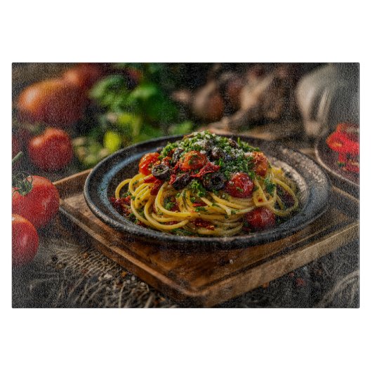 Spaghetti Puttanesca met verse tomaten en olijven Snijplank (Voorkant)