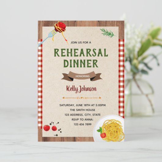 Spaghetti repetitie diner thema uitnodiging (Staand voorkant)