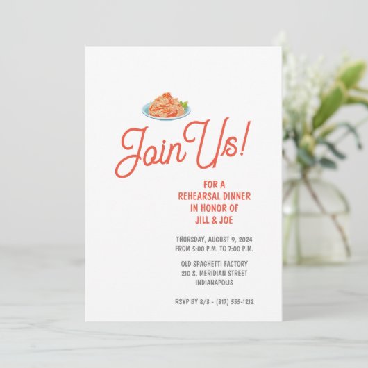 Spaghetti repetitie diner uitnodiging (Staand voorkant)