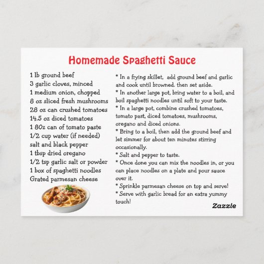 Spaghetti Sauce Recipe Briefkaart (Achterkant)