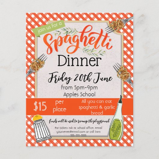 Spaghettidiner Italiaanse schoolkerk fondsenwervin Flyer (Voorkant)