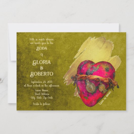 Spanglish,  Rode Hart Mexicaanse bruiloft uitnodig Kaart (Voorkant)
