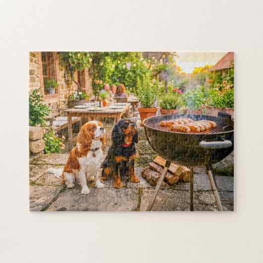 Spaniel duo die terras BBQ-worstjes bekijkt Legpuzzel (Horizontaal)