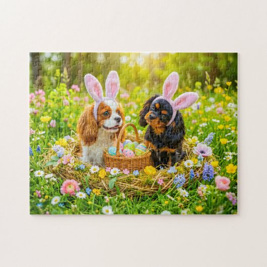 Spaniel duo in paasnest weide legpuzzel (Horizontaal)
