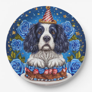 Spaniel hond viert verjaardag met feestelijke hoed papieren bordje