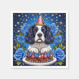 Spaniel hond viert verjaardag met feestelijke hoed servet