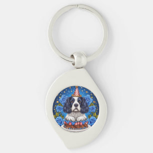 Spaniel Hond Viert Verjaardag Met Feestelijke Hoed Sleutelhanger